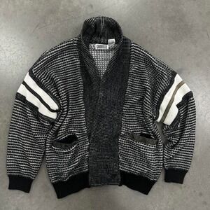 90s Gabrielle black and white striped knit cardigan w pockets&leather lining Lg